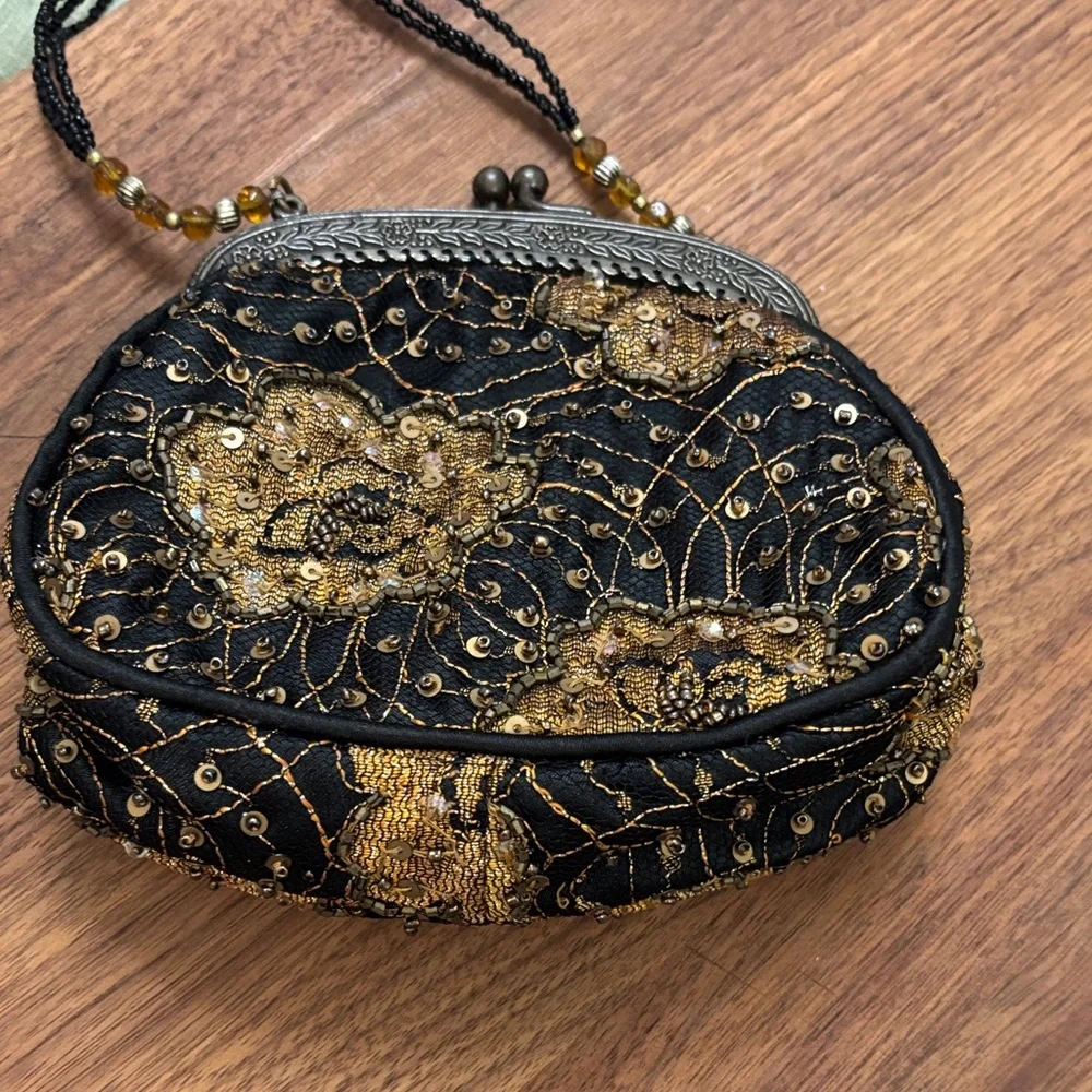 Vintage Christiana Black and Gold Floral Embroidered Clutch- beaded